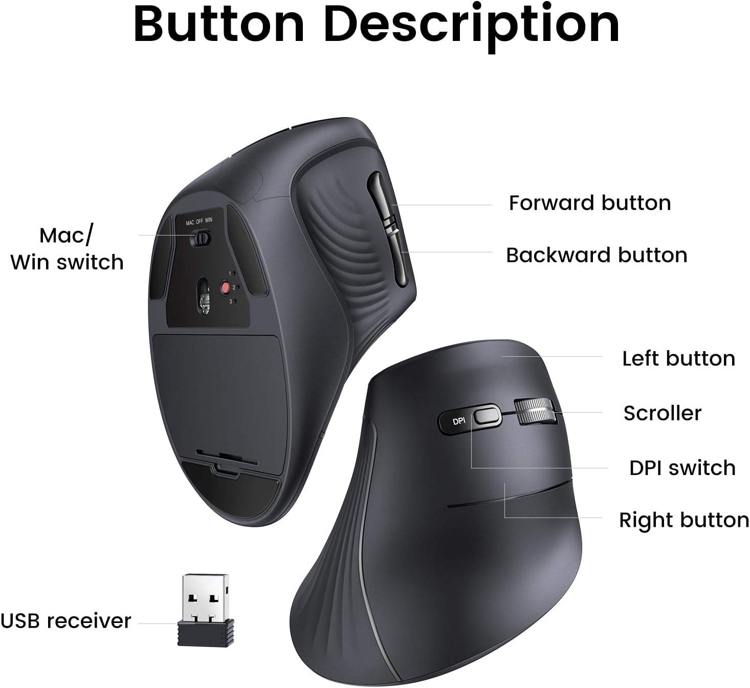 Ergonomic Mouse Vertical - UGREEN MU008 Dikey Kablosuz Bluetooth Fare